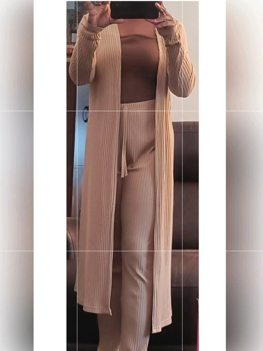 Beige Ribbed Knit Pants & Long Cardigan Set